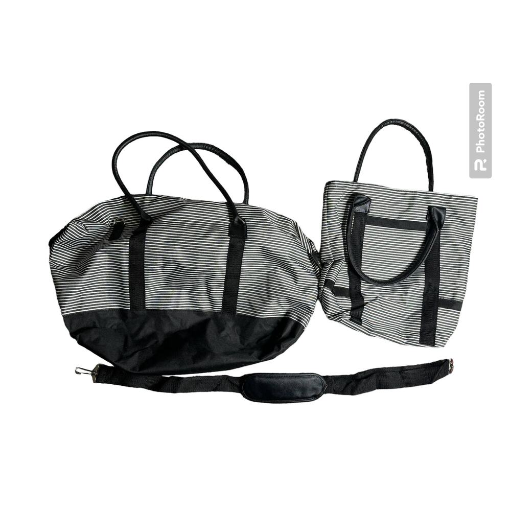 Black & White Large Stripe Tote Bag Removable Shoulder Strap Small Matching Bag